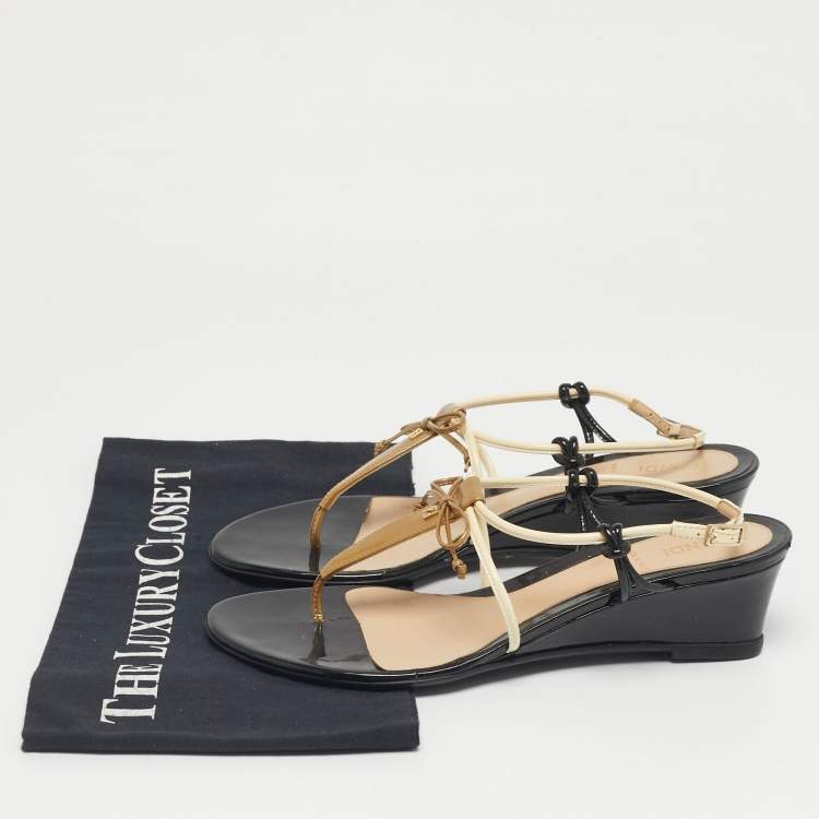 Pre Owned Fendi Tri-Color Patent Leather Bow Thong Wedge Sandals Size 38.5
