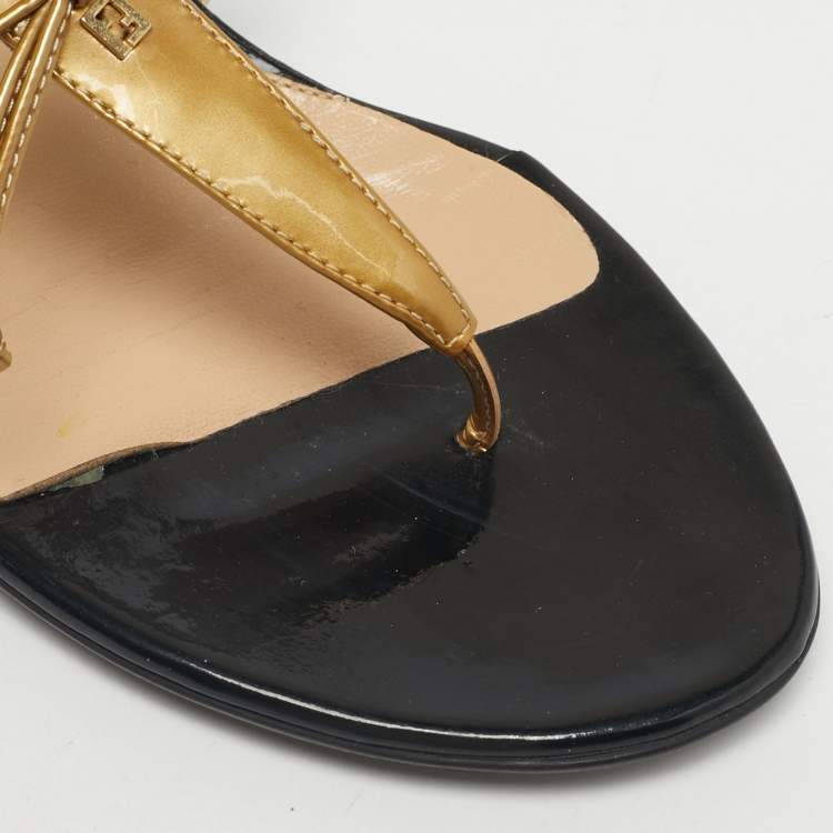 Pre Owned Fendi Tri-Color Patent Leather Bow Thong Wedge Sandals Size 38.5