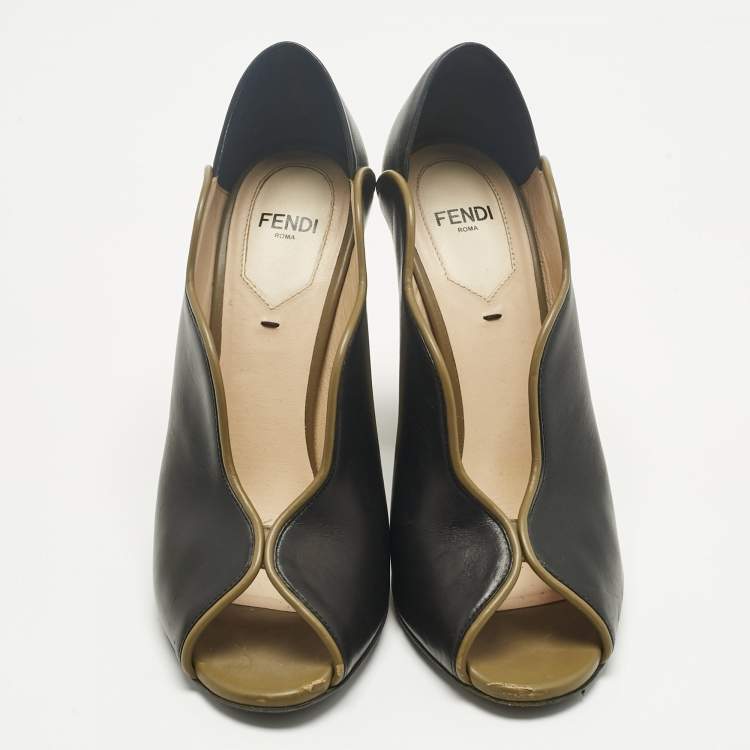 Pre Owned Fendi Black Leather Scallop Lined Peep Toe Pumps Size 37
