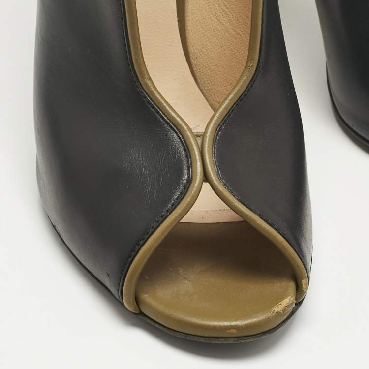 Pre Owned Fendi Black Leather Scallop Lined Peep Toe Pumps Size 37