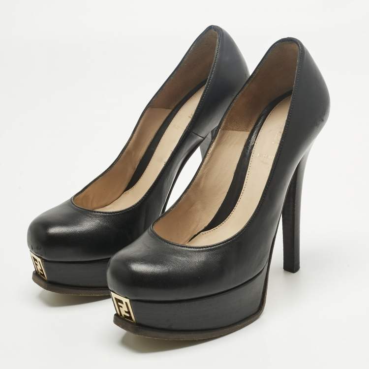 Pre Owned Fendi Black Leather Fendista Platform Pumps Size 37.5