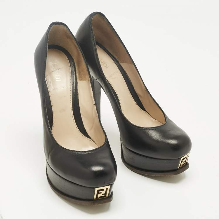 Pre Owned Fendi Black Leather Fendista Platform Pumps Size 37.5