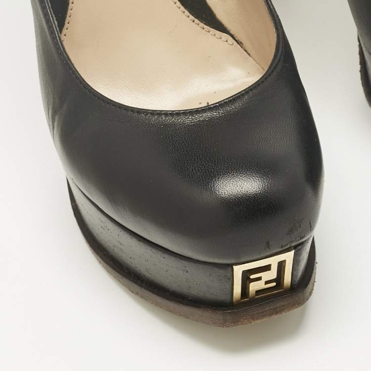 Pre Owned Fendi Black Leather Fendista Platform Pumps Size 37.5