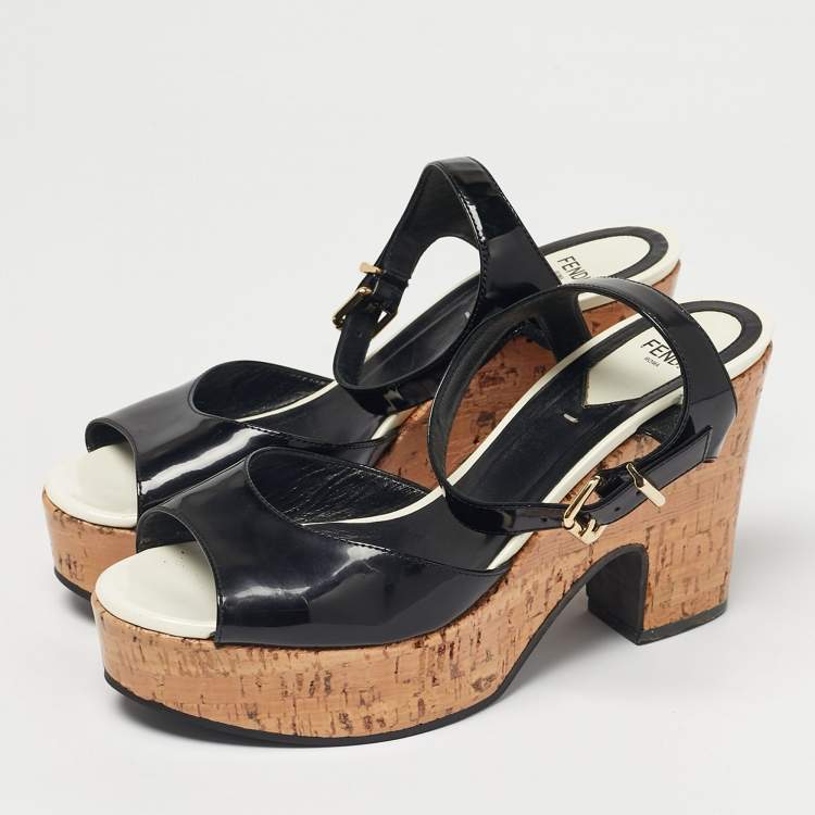 Pre Owned Fendi Black Patent Leather Cork Wedge Sandals Size 38.5
