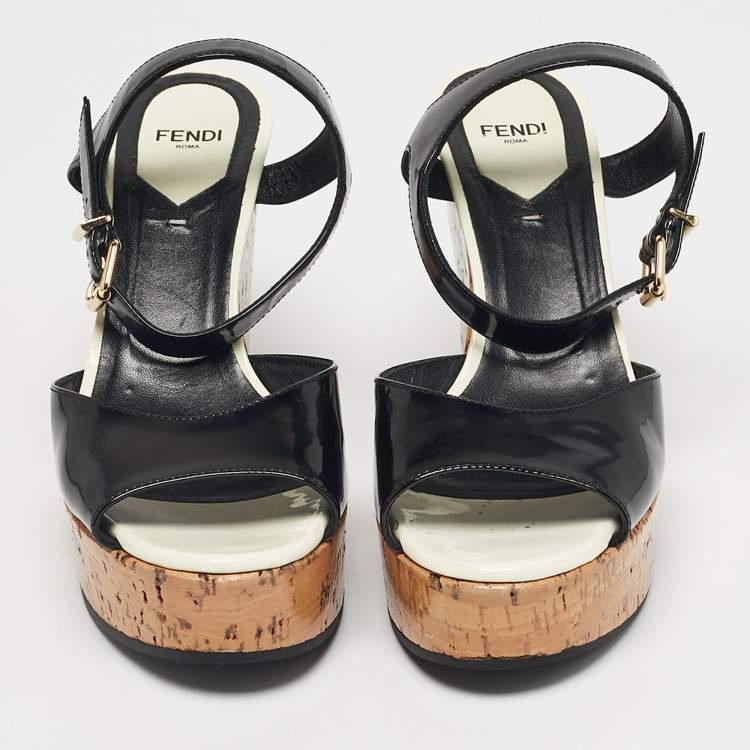 Pre Owned Fendi Black Patent Leather Cork Wedge Sandals Size 38.5