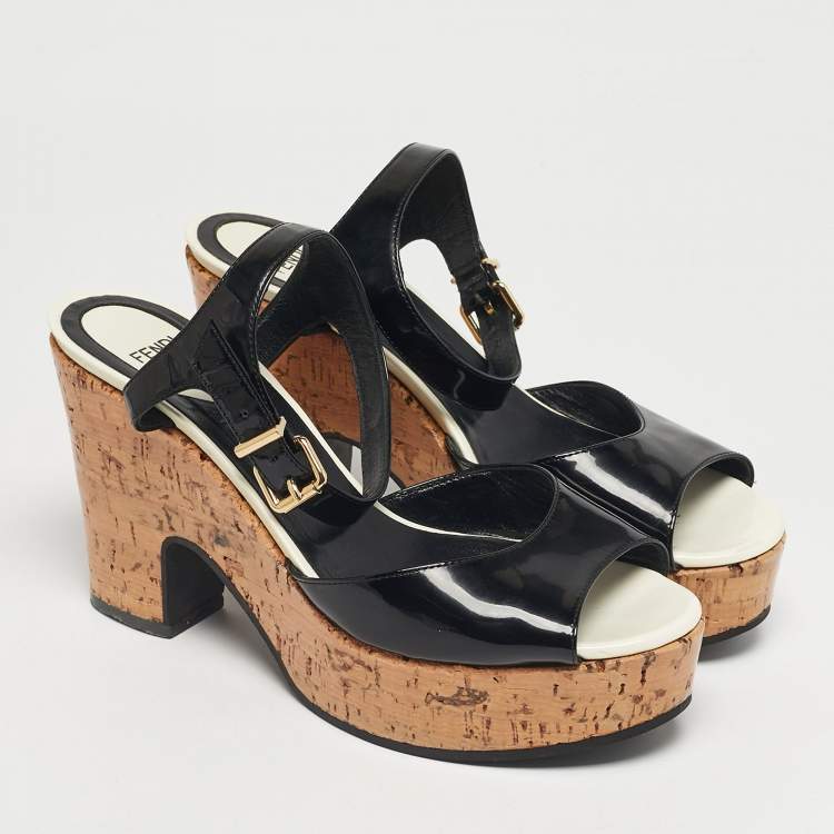 Pre Owned Fendi Black Patent Leather Cork Wedge Sandals Size 38.5