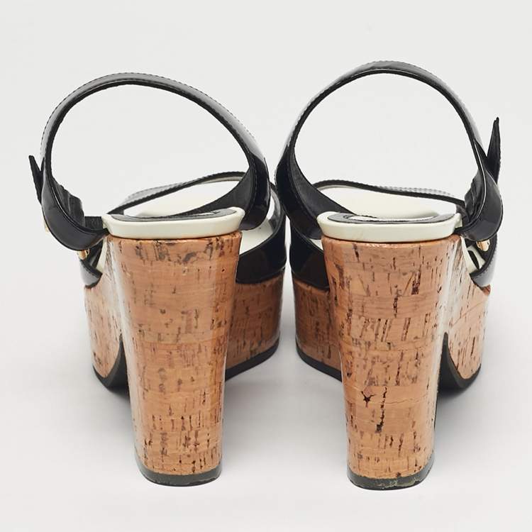 Pre Owned Fendi Black Patent Leather Cork Wedge Sandals Size 38.5