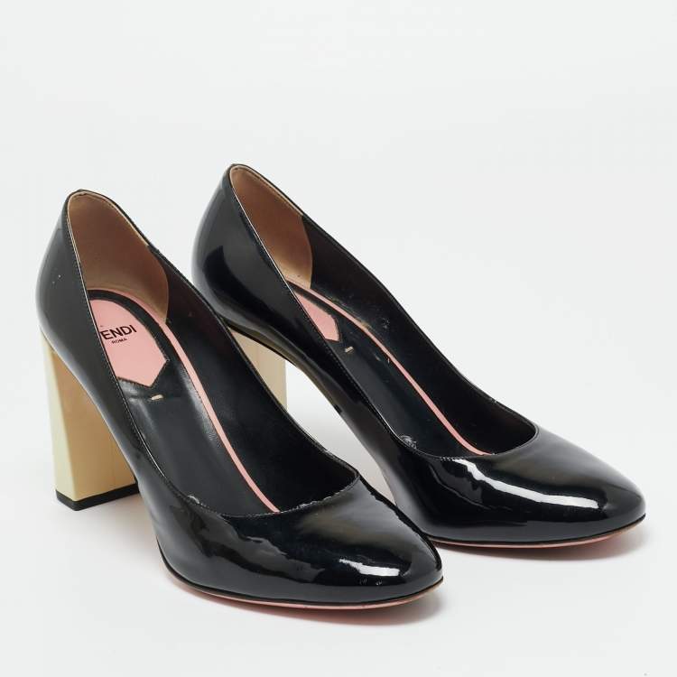 Pre Owned Fendi Black/Cream Patent Leather Block Heel Pumps Size 40