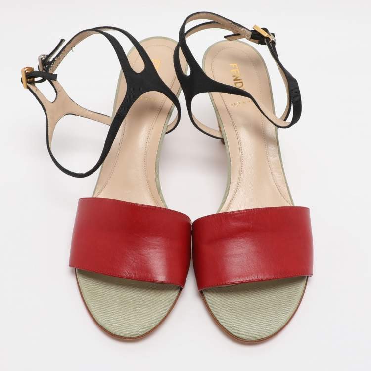 Pre Owned Fendi Red/Black Fabric and Leather Ankle Strap Sandals Size 40