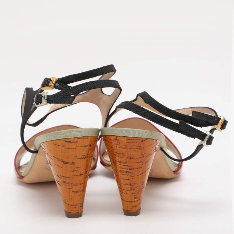 Pre Owned Fendi Red/Black Fabric and Leather Ankle Strap Sandals Size 40