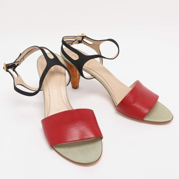 Pre Owned Fendi Red/Black Fabric and Leather Ankle Strap Sandals Size 40