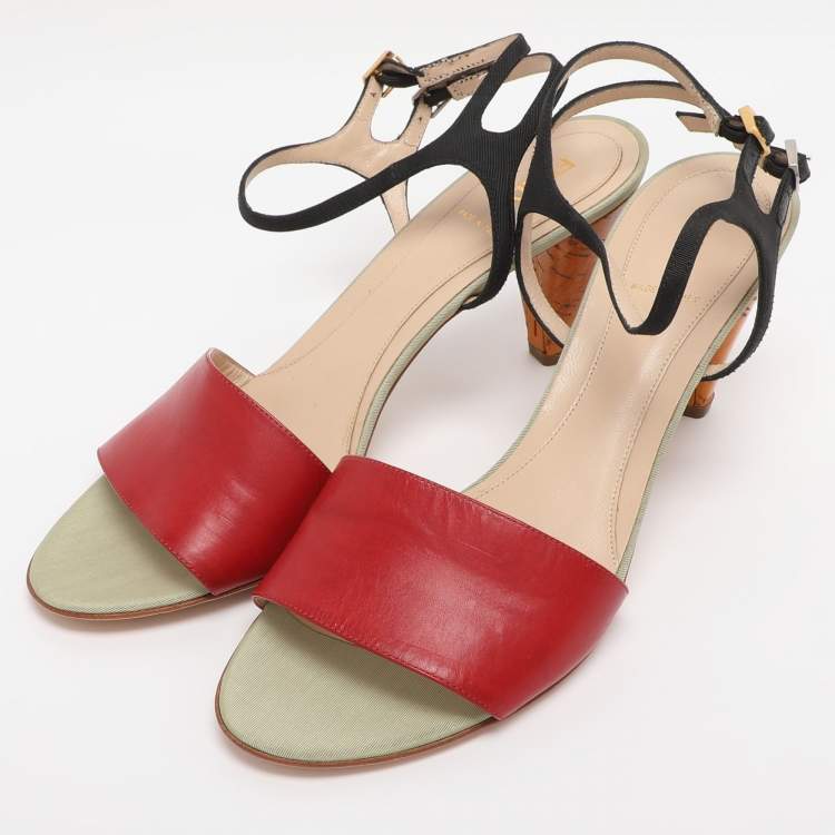 Pre Owned Fendi Red/Black Fabric and Leather Ankle Strap Sandals Size 40