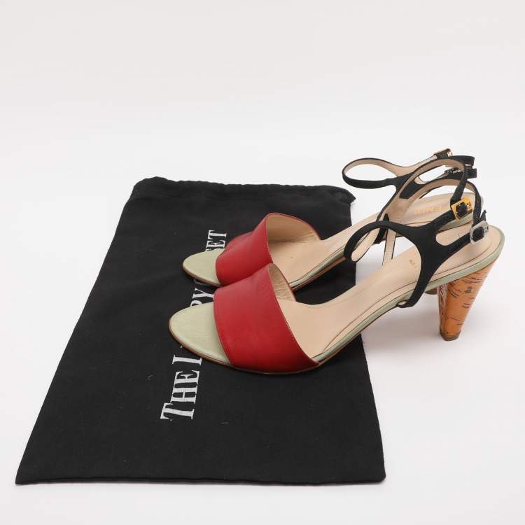 Pre Owned Fendi Red/Black Fabric and Leather Ankle Strap Sandals Size 40