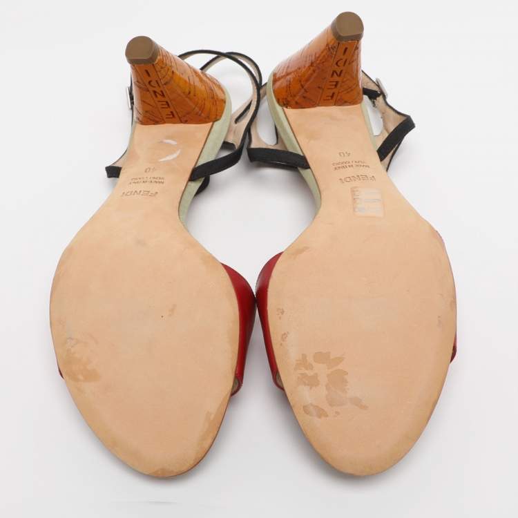 Pre Owned Fendi Red/Black Fabric and Leather Ankle Strap Sandals Size 40