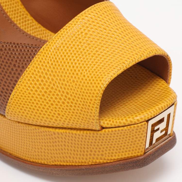 مملوكة مسبقًا Fendi Brown/Yellow Lizard Embossed Leather Fendista Peep Toe Pumps Size 40