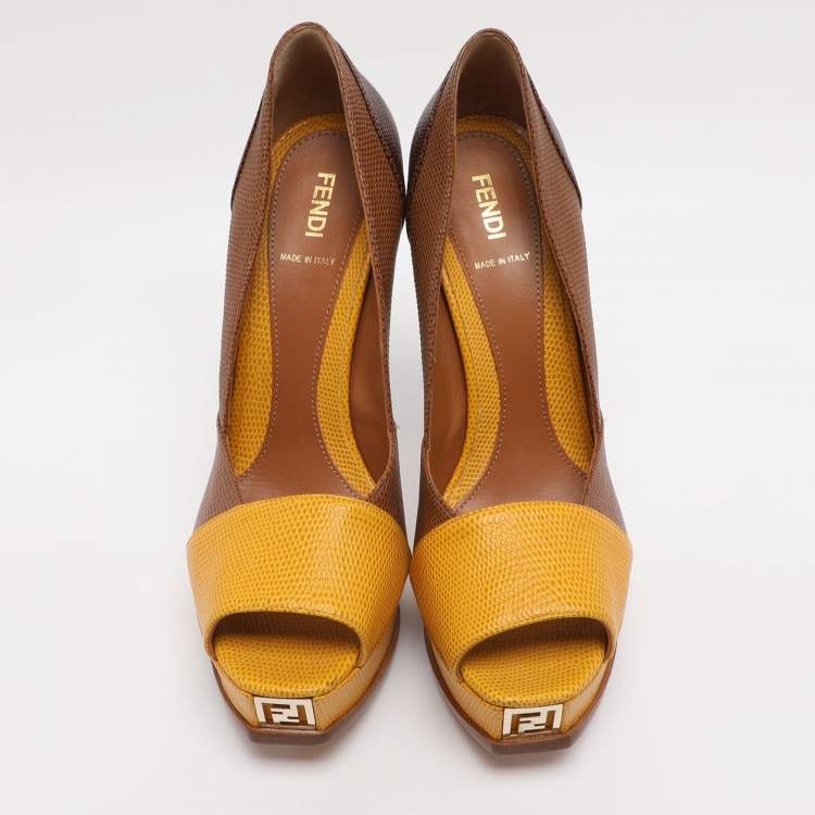 مملوكة مسبقًا Fendi Brown/Yellow Lizard Embossed Leather Fendista Peep Toe Pumps Size 40