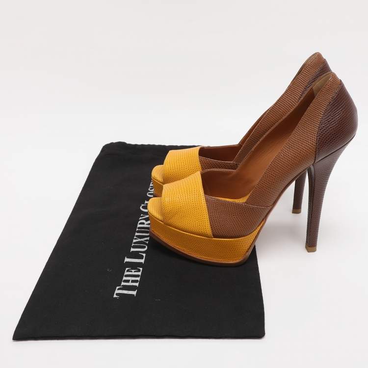 مملوكة مسبقًا Fendi Brown/Yellow Lizard Embossed Leather Fendista Peep Toe Pumps Size 40