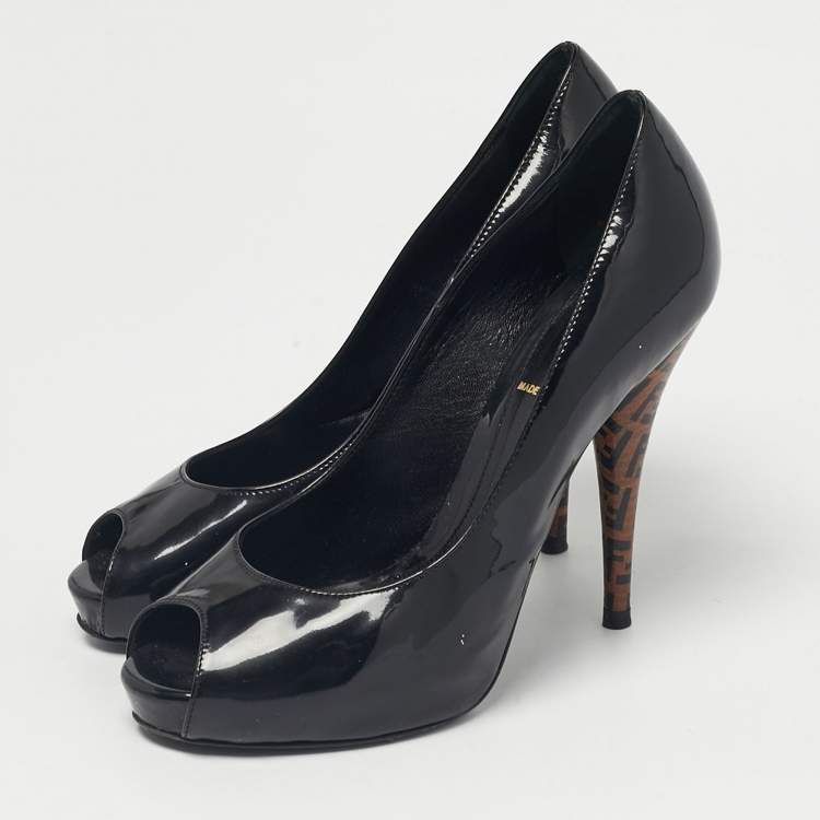 Pre Owned Fendi Black Patent Leather FF Heels Peep Toe Platform Pumps Size 36.5