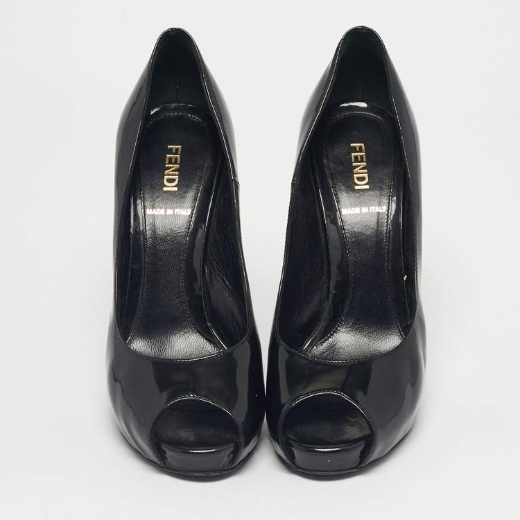 Pre Owned Fendi Black Patent Leather FF Heels Peep Toe Platform Pumps Size 36.5