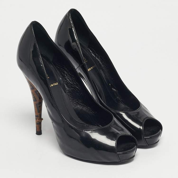 Pre Owned Fendi Black Patent Leather FF Heels Peep Toe Platform Pumps Size 36.5