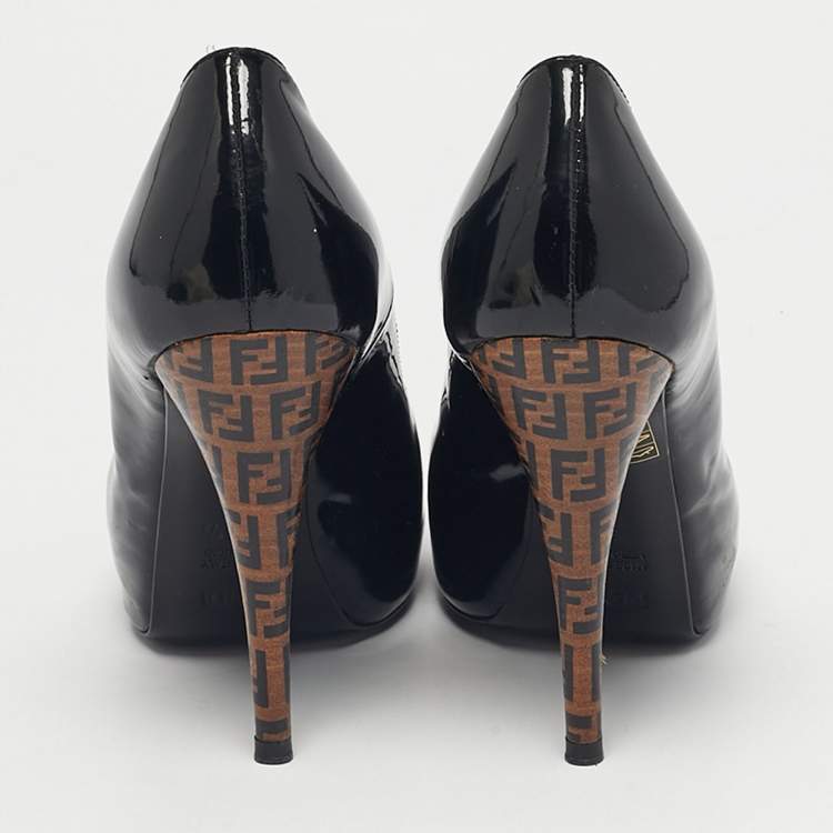 Pre Owned Fendi Black Patent Leather FF Heels Peep Toe Platform Pumps Size 36.5