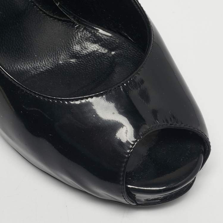 Pre Owned Fendi Black Patent Leather FF Heels Peep Toe Platform Pumps Size 36.5