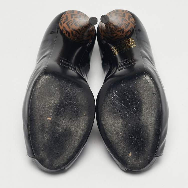 Pre Owned Fendi Black Patent Leather FF Heels Peep Toe Platform Pumps Size 36.5