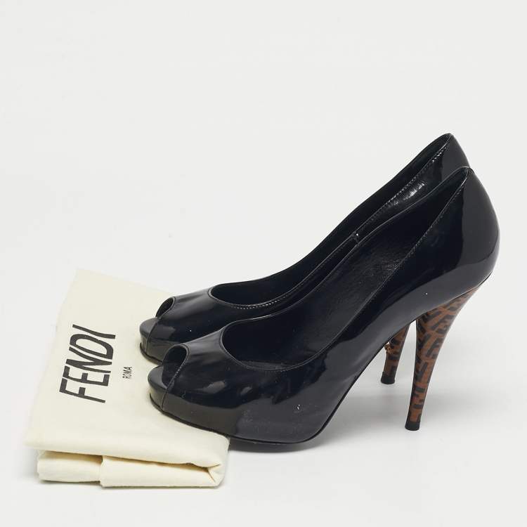 Pre Owned Fendi Black Patent Leather FF Heels Peep Toe Platform Pumps Size 36.5