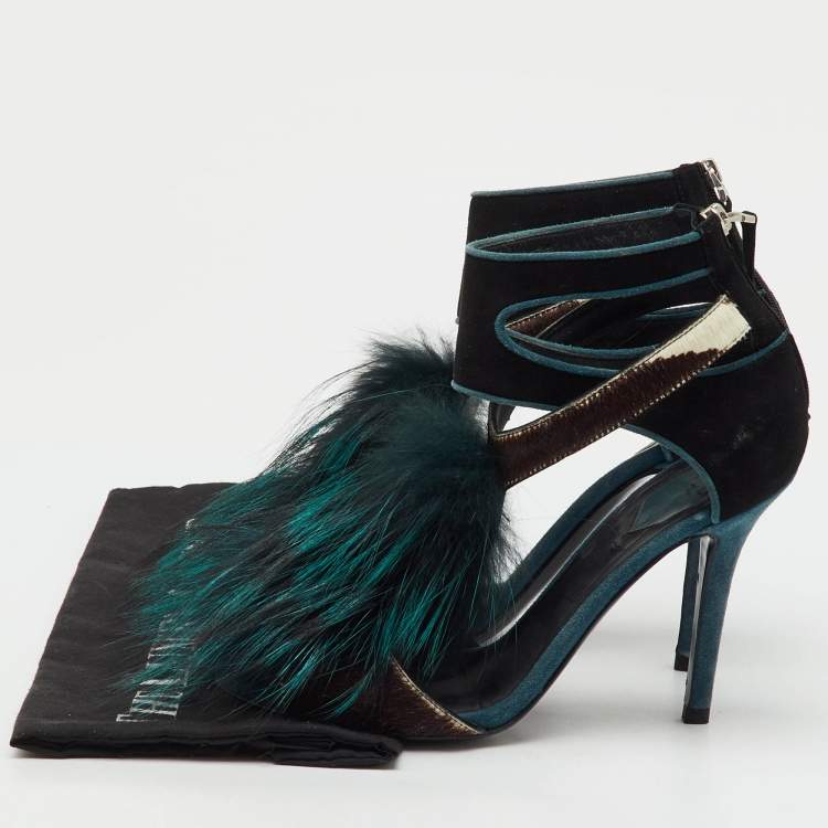 Pre Owned Fendi Multicolor Suede, Calf Hair and Mink Fur Ankle Strap Sandals Size 38