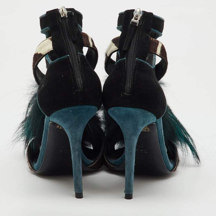Pre Owned Fendi Multicolor Suede, Calf Hair and Mink Fur Ankle Strap Sandals Size 38