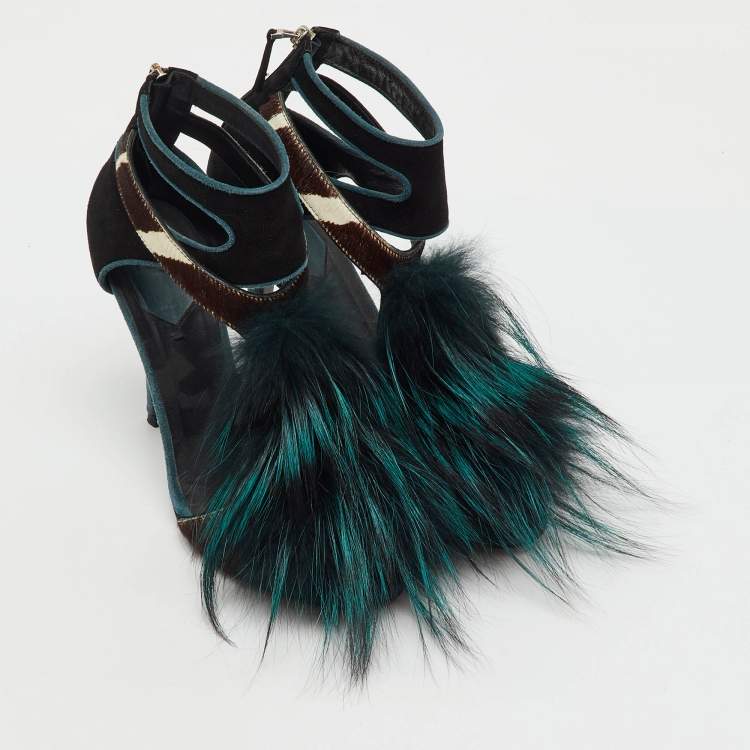 Pre Owned Fendi Multicolor Suede, Calf Hair and Mink Fur Ankle Strap Sandals Size 38