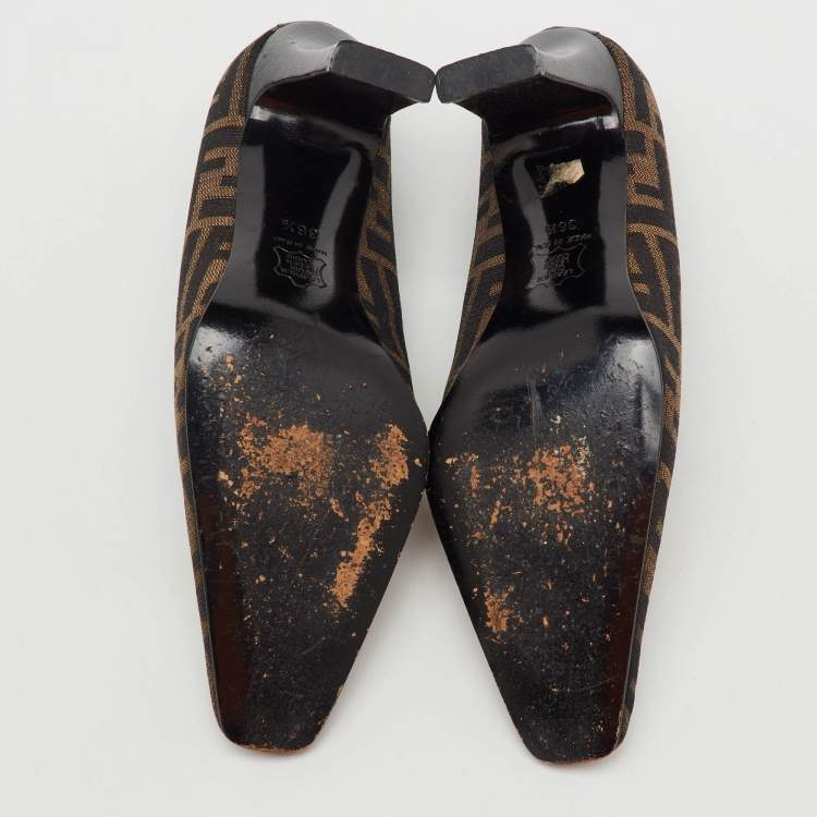 Pre Owned Fendi Brown/Black Zucca Canvas and Leather Pumps Size 36.5