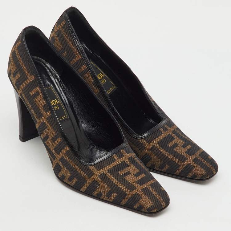 Pre Owned Fendi Brown/Black Zucca Canvas and Leather Pumps Size 36.5