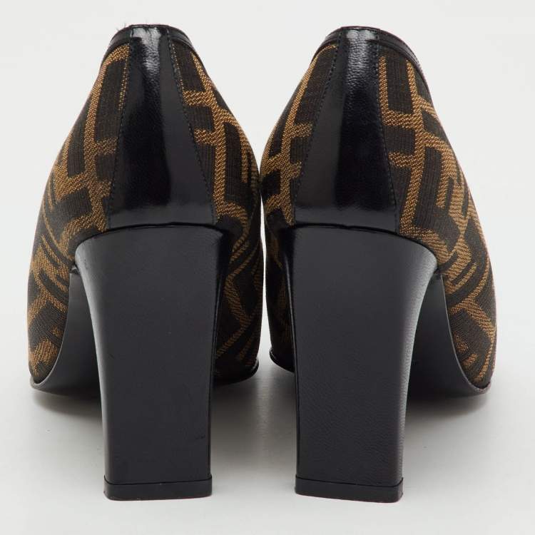 Pre Owned Fendi Brown/Black Zucca Canvas and Leather Pumps Size 36.5