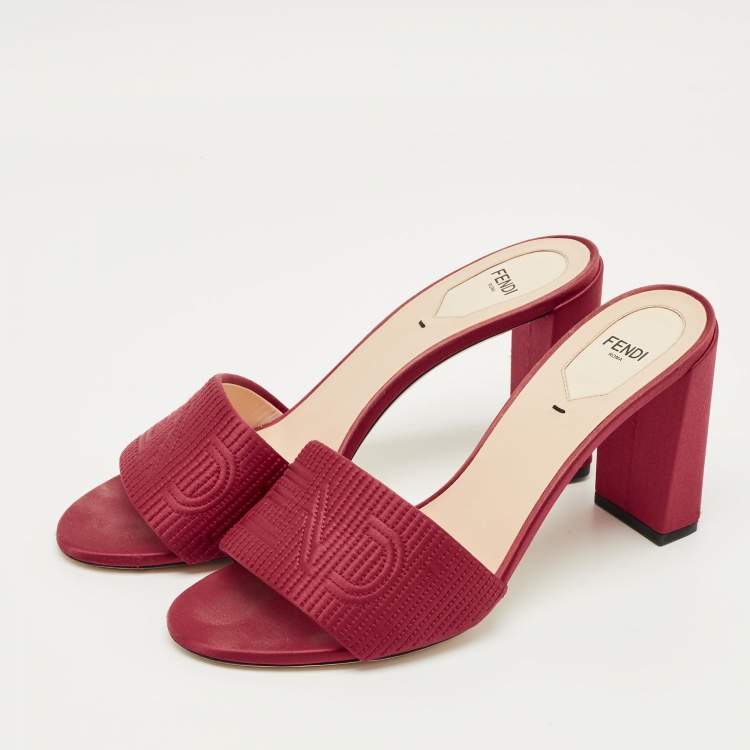 Pre Owned Fendi Red Satin Logo Embroidered Block Heel Slide Mules Size 40