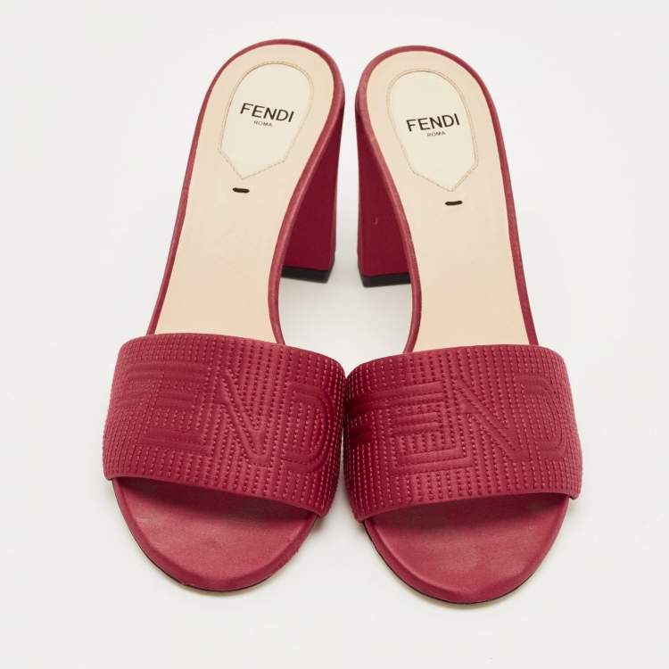 Pre Owned Fendi Red Satin Logo Embroidered Block Heel Slide Mules Size 40