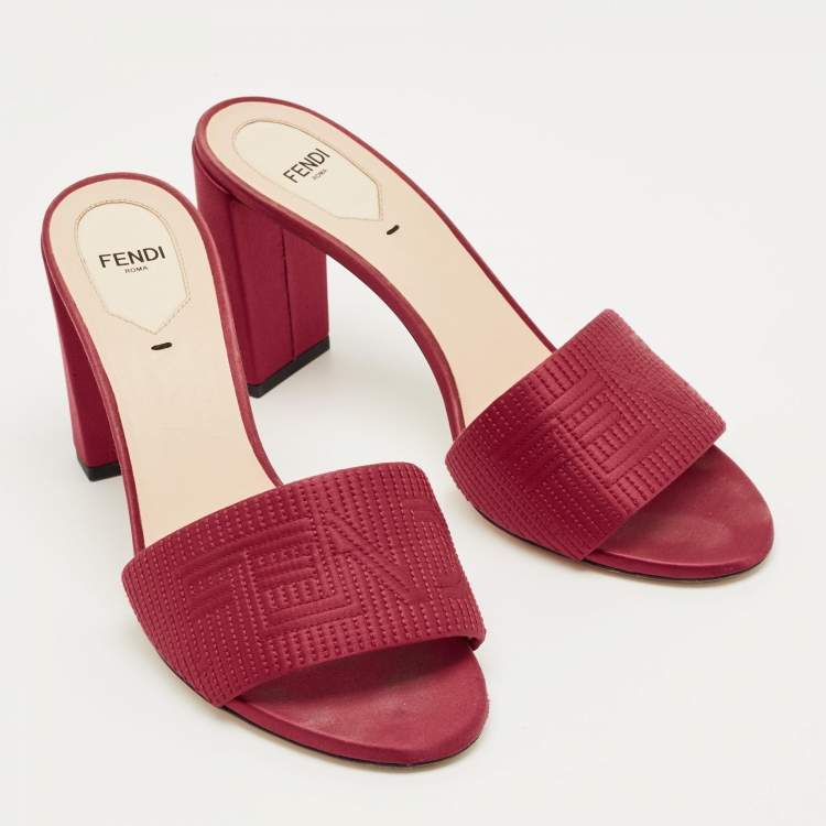 Pre Owned Fendi Red Satin Logo Embroidered Block Heel Slide Mules Size 40