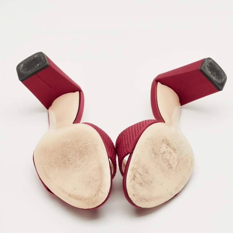 Pre Owned Fendi Red Satin Logo Embroidered Block Heel Slide Mules Size 40