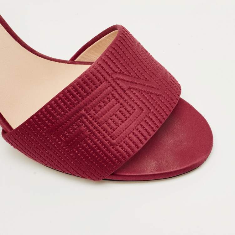Pre Owned Fendi Red Satin Logo Embroidered Block Heel Slide Mules Size 40
