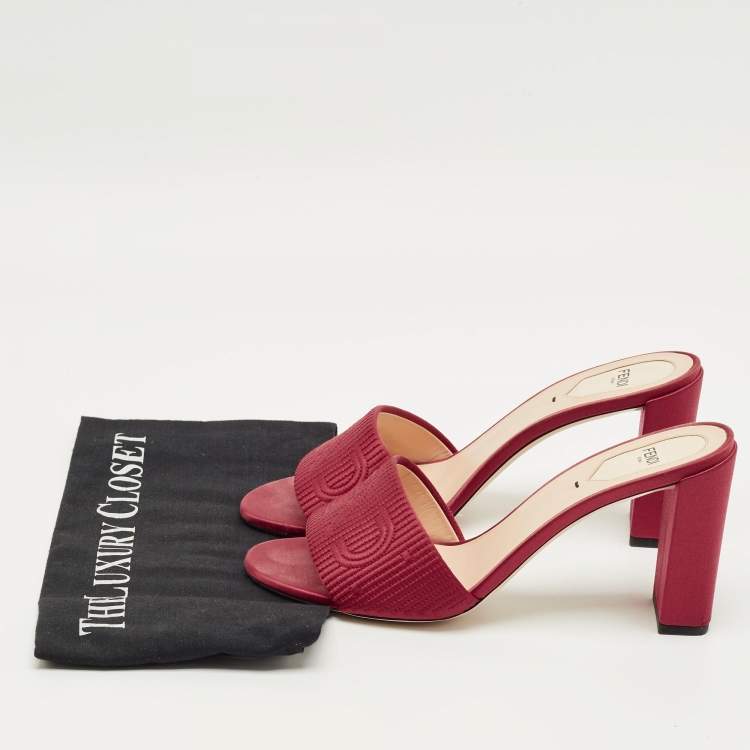 Pre Owned Fendi Red Satin Logo Embroidered Block Heel Slide Mules Size 40