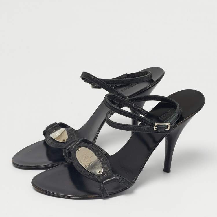 Pre Owned Fendi Black Leather Buckle Detail Ankle Strap Sandals Size 36.5