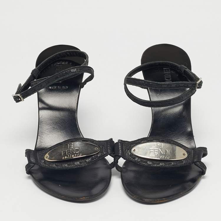 Pre Owned Fendi Black Leather Buckle Detail Ankle Strap Sandals Size 36.5
