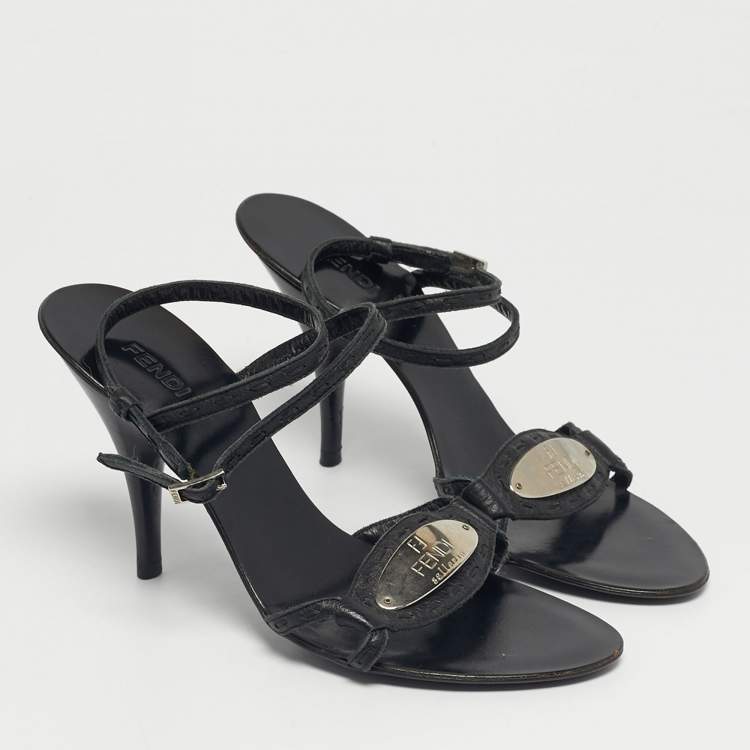 Pre Owned Fendi Black Leather Buckle Detail Ankle Strap Sandals Size 36.5