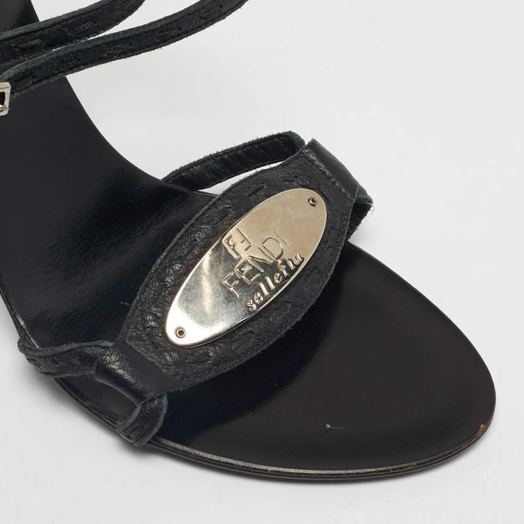 Pre Owned Fendi Black Leather Buckle Detail Ankle Strap Sandals Size 36.5