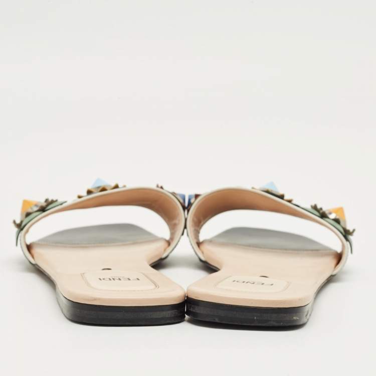 Pre Owned Fendi Black/White Leather Flowerland Flat Slide Size 40