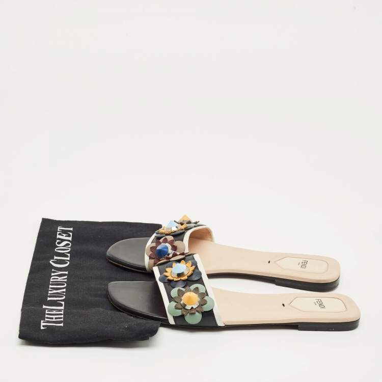 Pre Owned Fendi Black/White Leather Flowerland Flat Slide Size 40