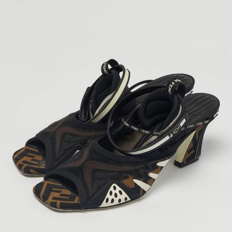 Pre Owned Fendi Black/Brown FF Neoprene and Mesh Freedom Patchwork Slingback Sandals Size 40
