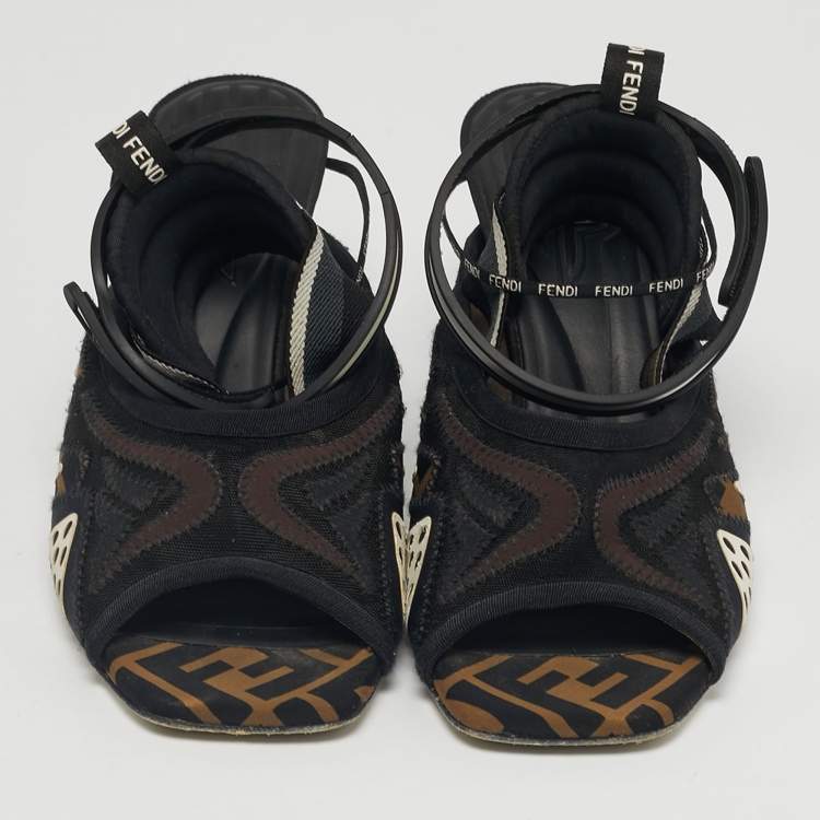 Pre Owned Fendi Black/Brown FF Neoprene and Mesh Freedom Patchwork Slingback Sandals Size 40