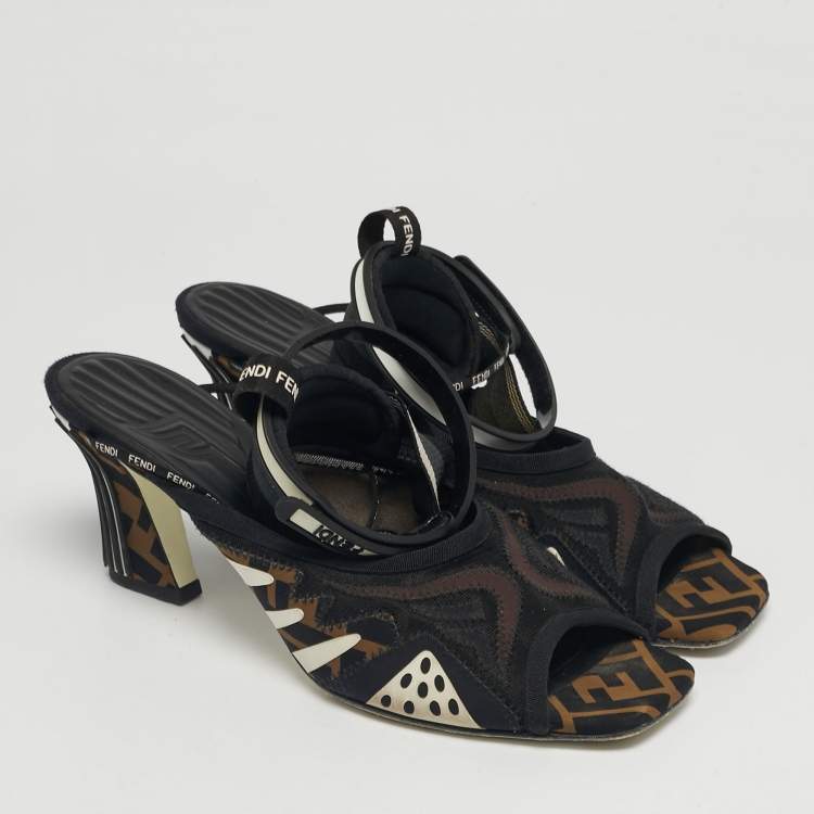 Pre Owned Fendi Black/Brown FF Neoprene and Mesh Freedom Patchwork Slingback Sandals Size 40