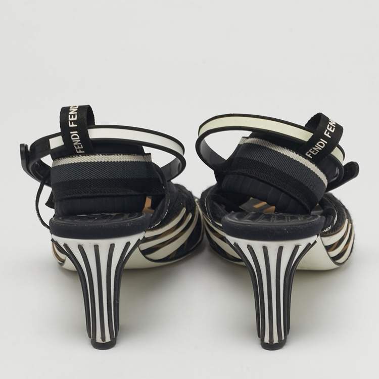 Pre Owned Fendi Black/Brown FF Neoprene and Mesh Freedom Patchwork Slingback Sandals Size 40